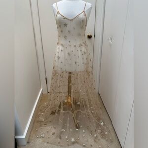 Lirika Matoshi Gold Maxi Dress “Stars in Her Eyes” Gold Glitter Stars & Tulle